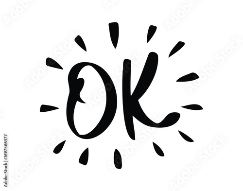 Ok comic doodle lettering flash effects. Shining hand drawn OK onomatopoeia. Okey okay decorative word cartoon icon