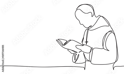 Monk reading a book, single-line art