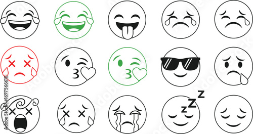 Collection of expressive emoji faces conveying a range of emotions from joy to sadness.