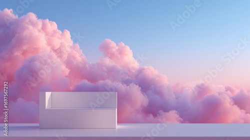 Serene Minimalist Couch Against Soft Dreamy Clouds at Sunset with Pink and Blue Sky