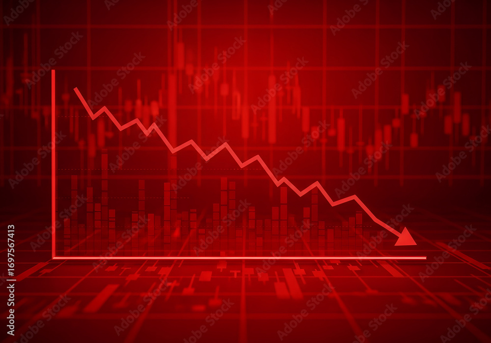 Fototapeta premium red downward trending graph arrow, financial crisis stock market loss
