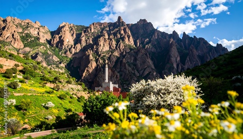 Mountain valley scene with wildflowers