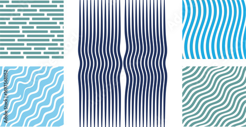 Abstract geometric patterns and wavy lines in blue and green tones