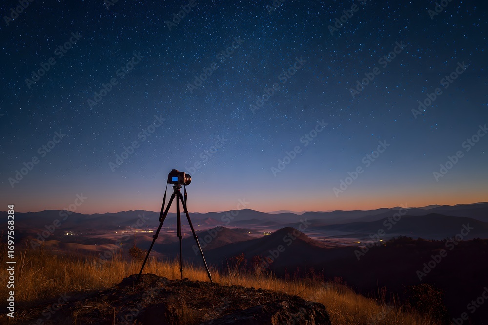 Naklejka premium Camera tripod on rocky outcrop under starry sky grass