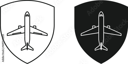 Airplane icon within a shield outline, representing aviation safety and protection.