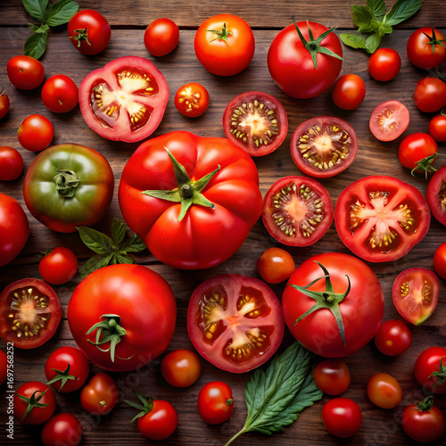 collection of red tomatoes whole halved and sliced