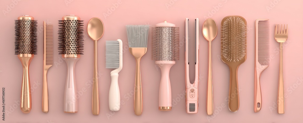 Fototapeta premium Array of hair tools in light shades of pink and gold arranged in a horizontal line on a blush pink background from an overhead perspective