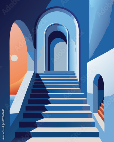 Stone archway in a columned city corridor