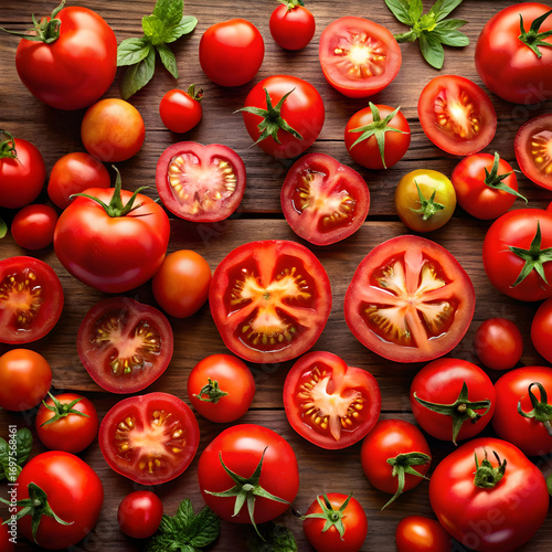 collection of red tomatoes whole halved and sliced