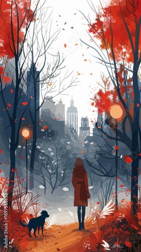 A digitally painted scene of a woman walking her beloved dog along a green path, leaves glowing in twilight. Premium asset for corporate wellness, creative studios, blogs, web design and educational.