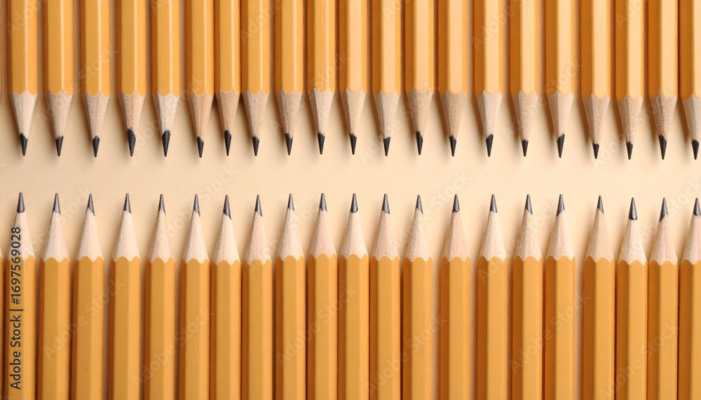 Seamless Pattern of Yellow Pencils on Beige Background with Repeating Vertical Arrangement and Flat-Lay Photography Style