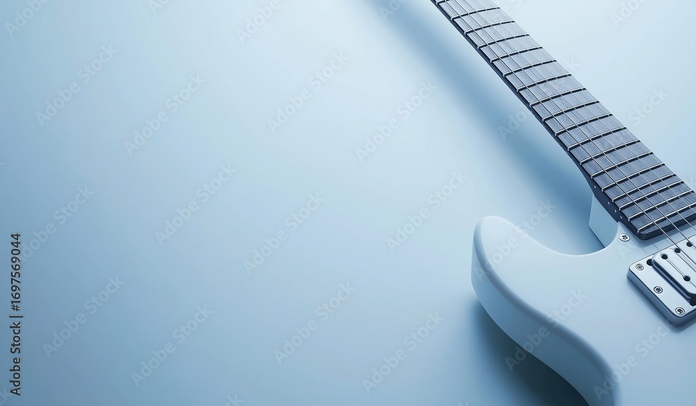 Obraz premium White electric guitar on light blue background with close-up shot featuring copy space for web banner icon design symbolizing music technology and modern digital concept