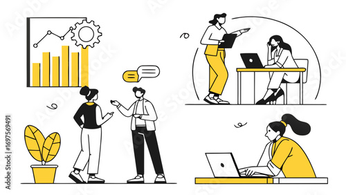 Business teamwork vector illustration pack with abstract characters flat design style, black yellow white colours.