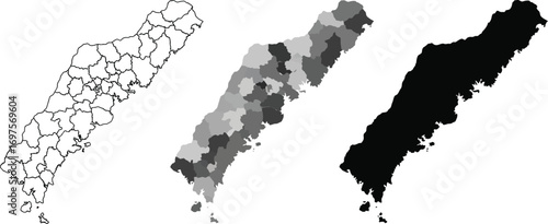 Abstract map outlines showing regional divisions and filled areas in grayscale