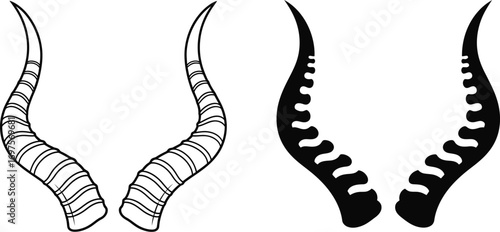 Elegant curved horns, one detailed line art, one solid silhouette