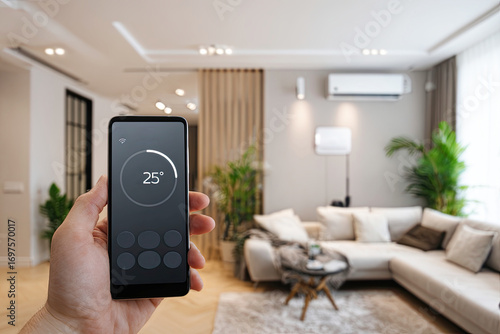 A person control air conditioner temperature with a mobile phone. A person holds a smartphone displaying a temperature setting in a modern living room with plants and a cozy sofa.