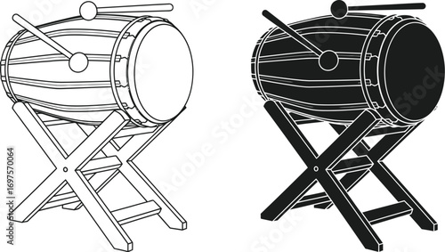 Traditional drum on a wooden stand, presented in outline and silhouette