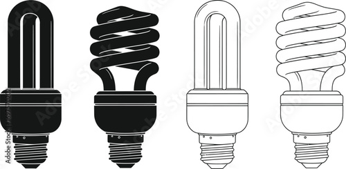 Variety of energy saving light bulbs shown in silhouette and outline