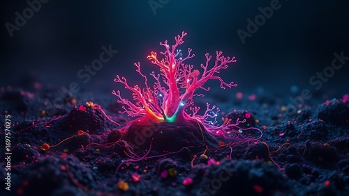 A glowing malignant growth being starved of its vibrant nutrient streams on a dark field.