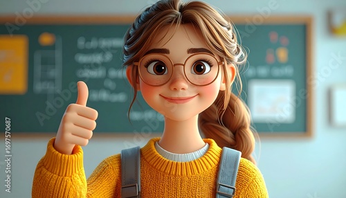 Cartoon girl in a classroom, giving a thumbs-up