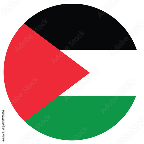 Palestine Flag Round Icon Vector. Circular Emblem Representing Palestinian National Identity, Freedom & Solidarity - Isolated Button Design