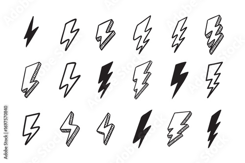 Hand drawn vector doodle electric lightning bolt set. Lightning symbol sketch symbol doodle icon.