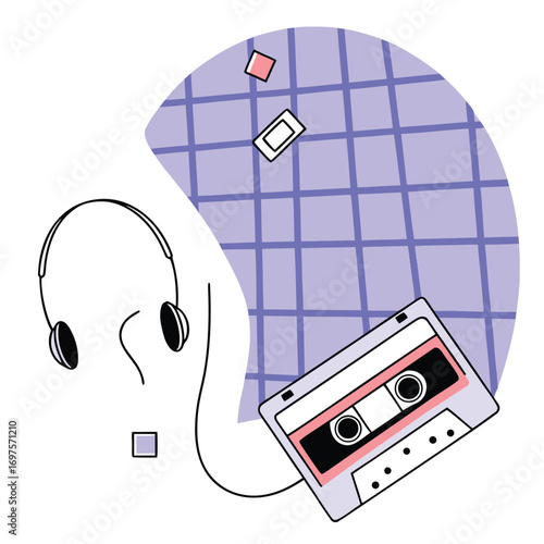 Retro 1980s portable cassette tape player with vibrant color accents nostalgic music device illustration for vintage audio enthusiasts