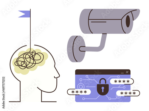 Head with tangled thoughts, surveillance camera, and password-protected browser window. Ideal for privacy, cybersecurity, surveillance, online safety, encryption, data protection secure thinking