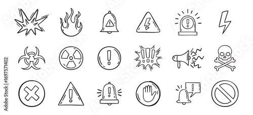 Warning doodle hand drawn icons set. Danger drawing sketch signs 