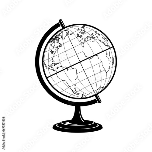 Globe in retro engraving vector style showing continents and grid