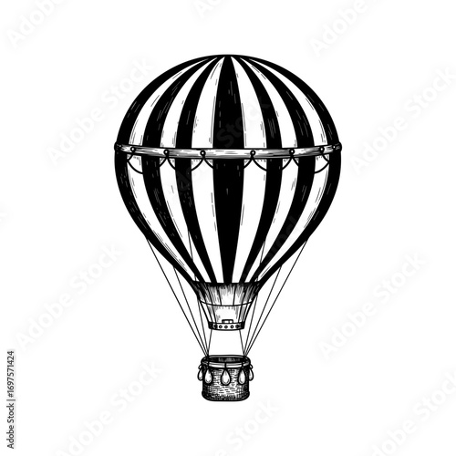 Hot air balloon in retro vintage vector engraving style with striped design