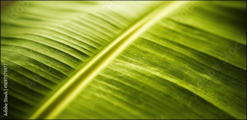 A close-up shot reveals the vibrant green texture of a leaf, with a prominent central vein and parallel lines running across the surface