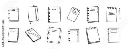 notebook doodle hand drawn icon set. Outline drawing notebooks line clipart symbol. Isolated doodle exercise book