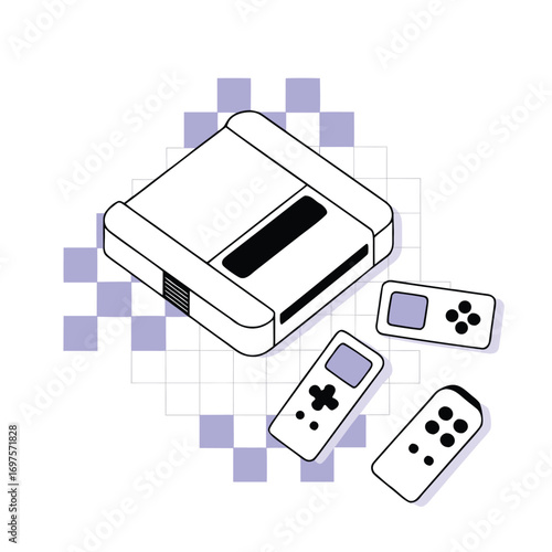 Nostalgic 1990s video game console illustration with a classic cartridge perfect for retro gaming enthusiasts and vintage tech designs