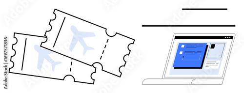 Two airplane tickets beside a laptop showing a booking interface. Ideal for travel planning, online booking, e-commerce, technology, tourism, ticket reservation, simple flat metaphor