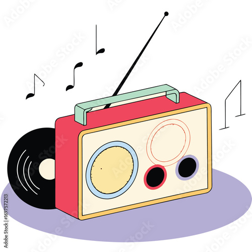 Retro 1970s wooden box radio with prominent round tuning and volume dials evoking nostalgia and vintage audio technology for advertising or design projects
