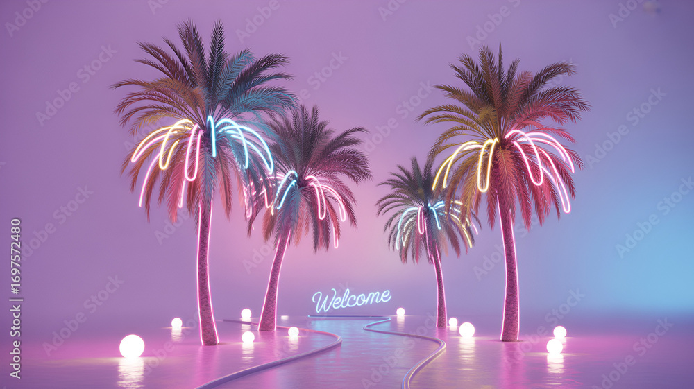 Naklejka premium Neon palm trees create a vibrant and inviting tropical paradise scene