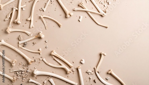 Conceptual flat lay featuring scattered bones on a beige background