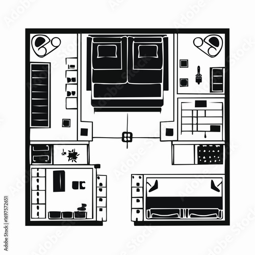Black vector bathroom plan showing fixtures and layout.