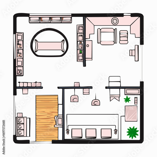 Black vector bathroom plan showing fixtures and layout.