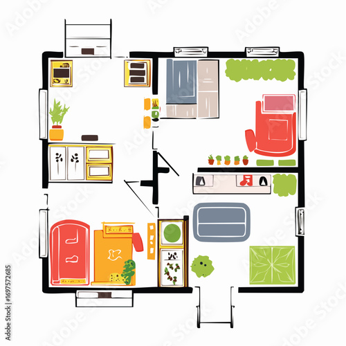 Black vector bathroom plan showing fixtures and layout.