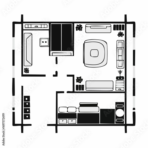 Black vector bathroom plan showing fixtures and layout.