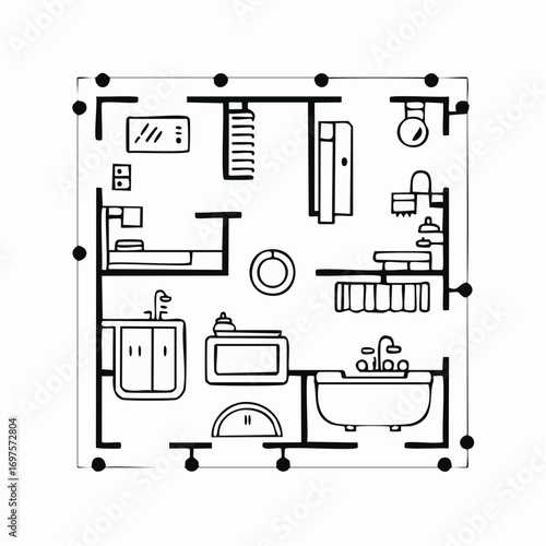 Black vector bathroom plan showing fixtures and layout.