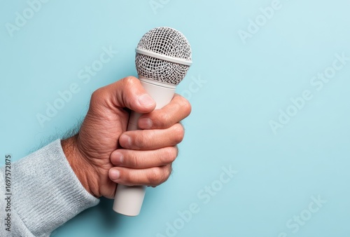 Close-up of a hand holding a microphone against a light blue background. The grip is firm. Soft sweater sleeve is visible. Studio shot