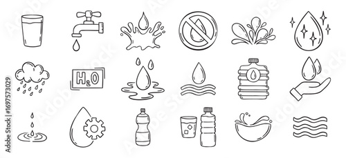 Water doodle hand drawn icons set. Water drawing sketch signs 