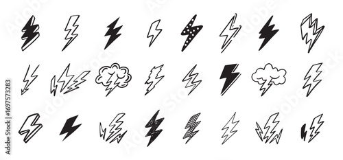 Doodle set lightning line art. Hand drawn lightning icons