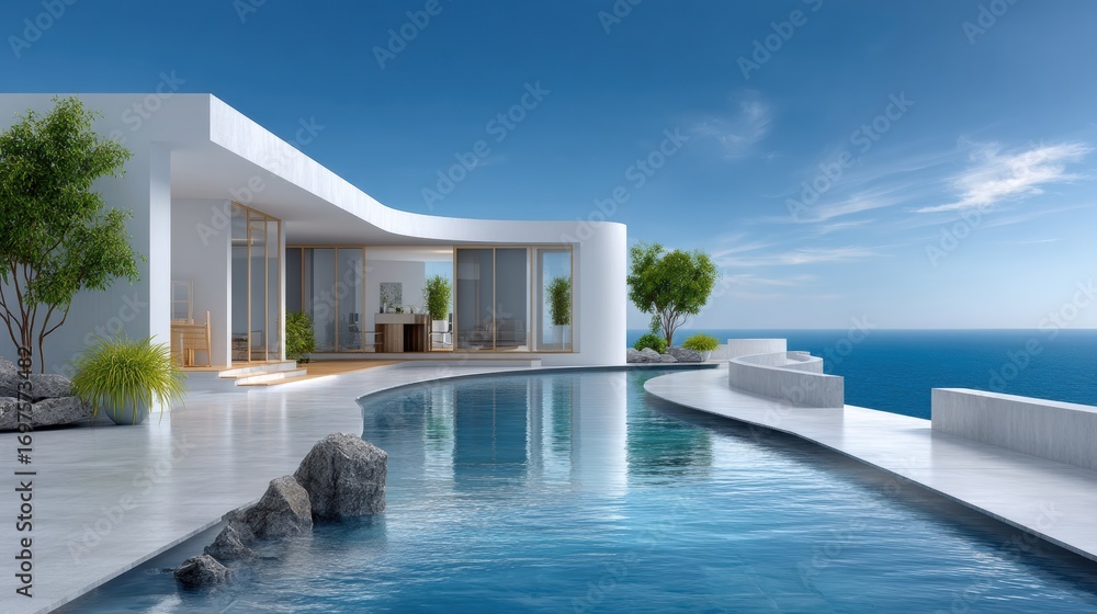 Fototapeta premium Experience Tranquil Serenity: A Stunning Pool Overlooking the Endless Ocean and Beyond with Abstract Calming Vibes