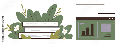 Stack of books surrounded by lush green leaves and flowers next to a digital screen with bar chart. Ideal for education, growth, learning, research, sustainability, eco-friendly themes, simple flat