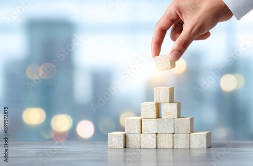 A hand places a block atop a pyramid of blocks against an out-of-focus city background