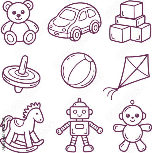 A Whimsical Collection of Children's Toys, Including a Teddy Bear, Toy Car, and Building Blocks